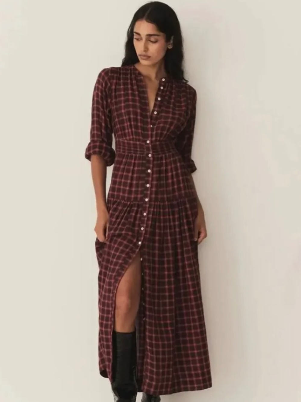 DÔEN Annika Rouge Countryside Plaid Maxi Dress S